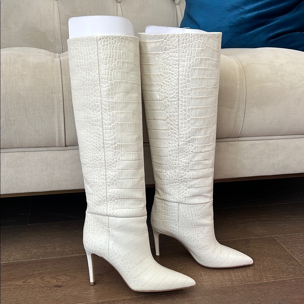Paris Texas Elegant White Croc-Embossed Knee-High Boots